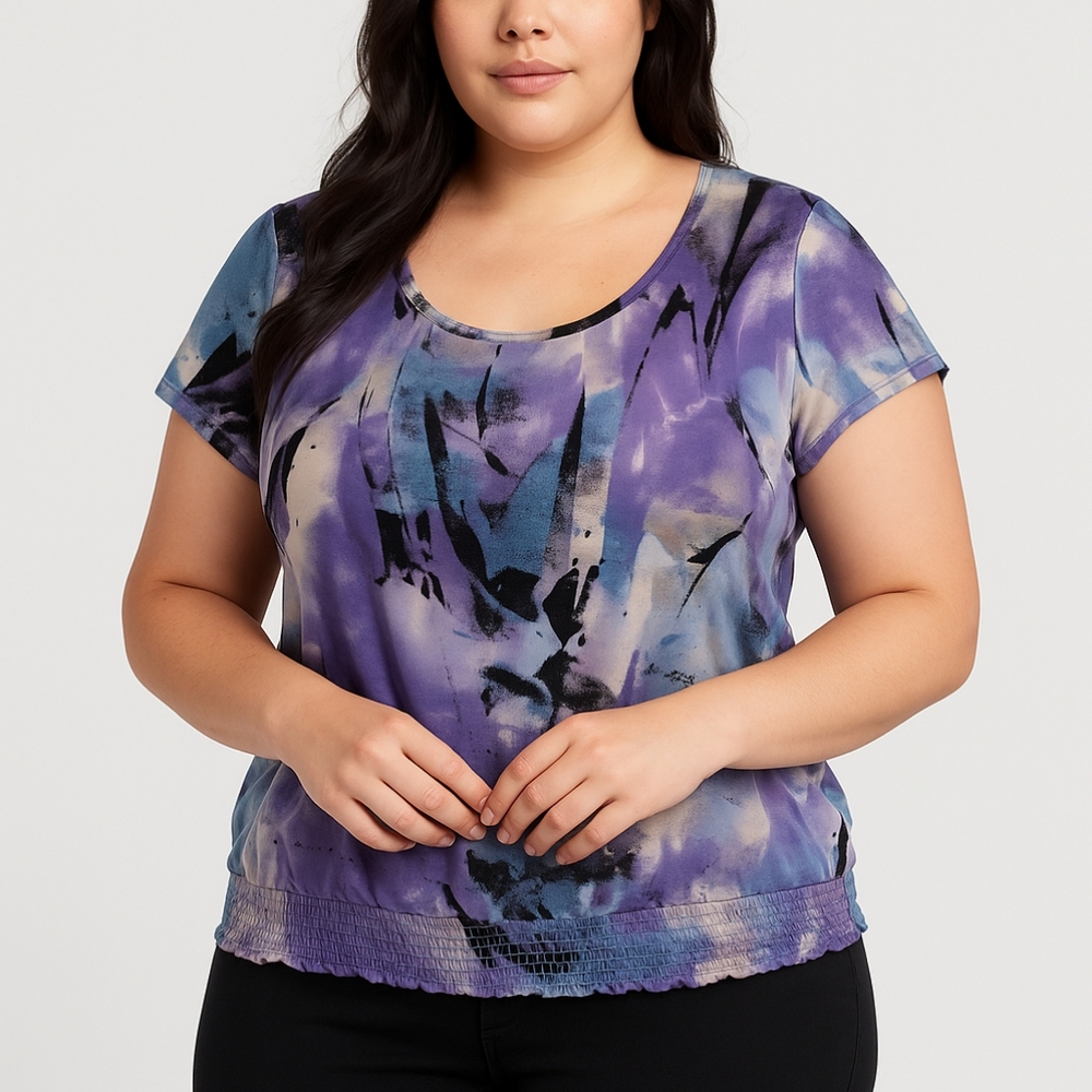 ⭐@) AGB Women’s XL Blouse Purple Blue Black Abstract Print Made in USA.